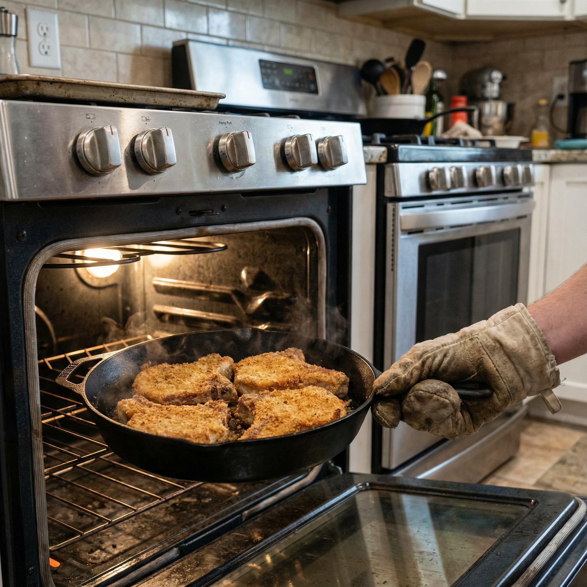breaded pork chops in an oven-safe skillet being placed into a hot oven