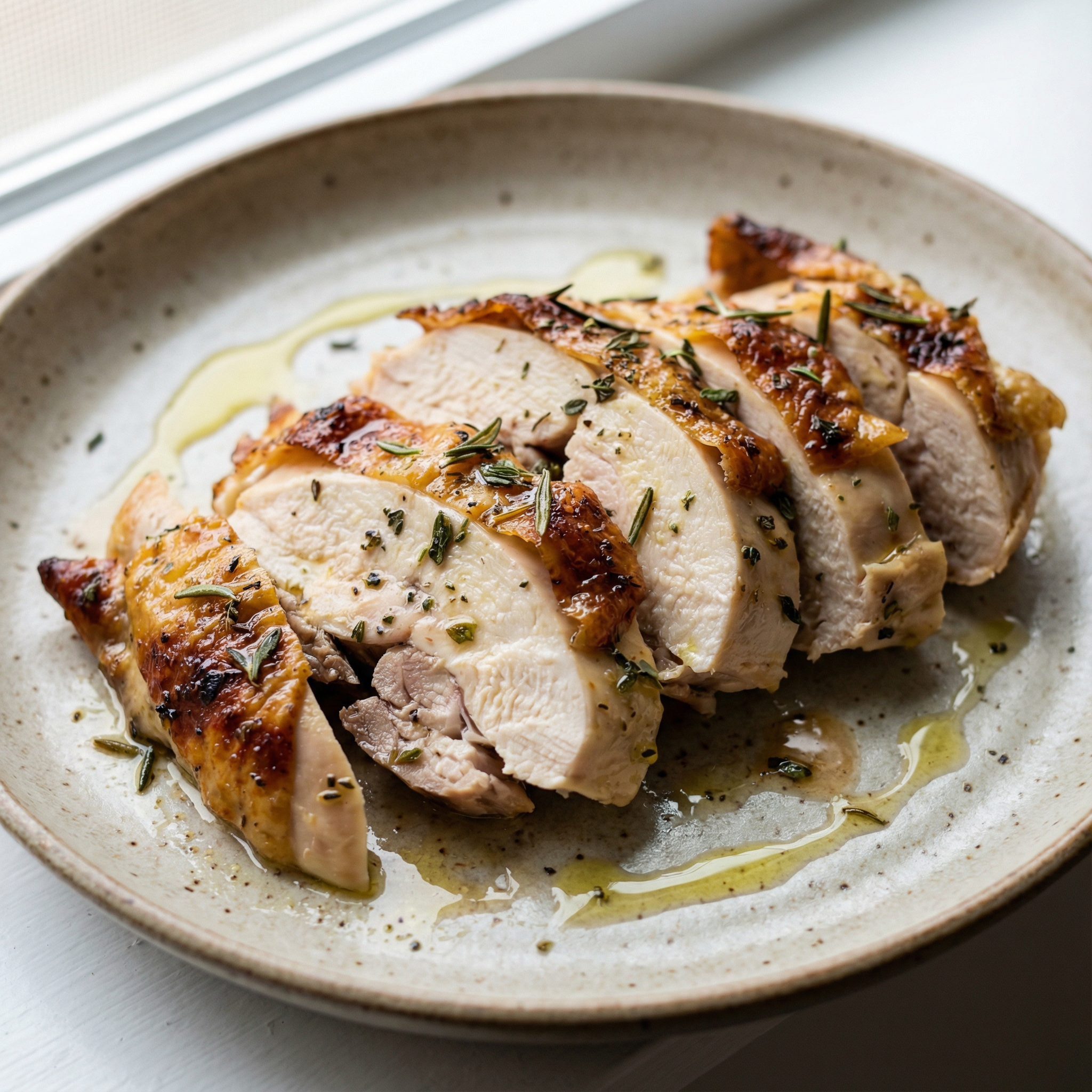 sliced Italian herb roast chicken showing juicy white and dark meat