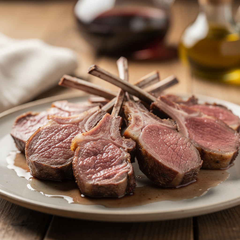 sliced lamb chops showing juicy pink medium-rare center, clean knife cuts