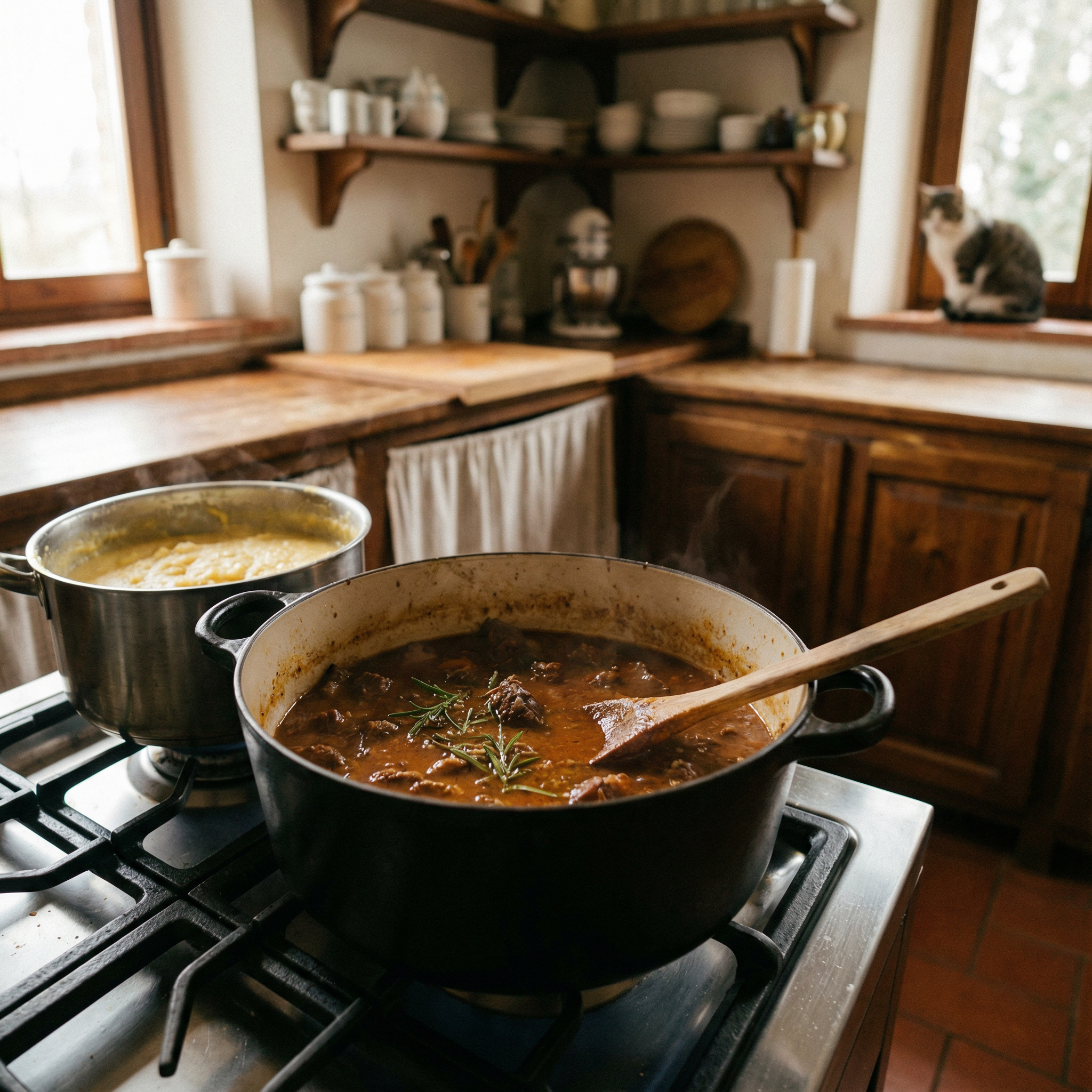 Italian beef stew simmering in a heavy pot on the stove, wooden spoon resting inside, rosemary sprig visible.