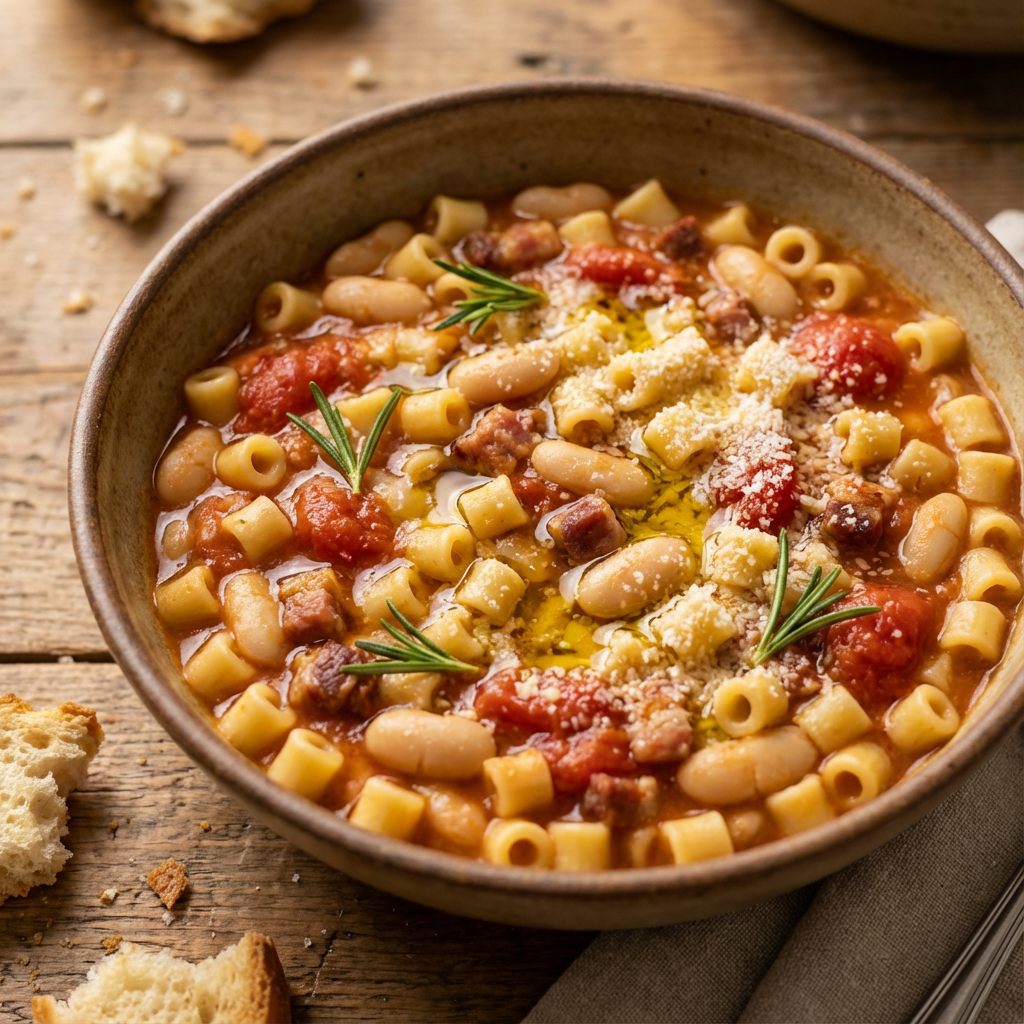 A simmering pot of pasta e fagioli on a stovetop