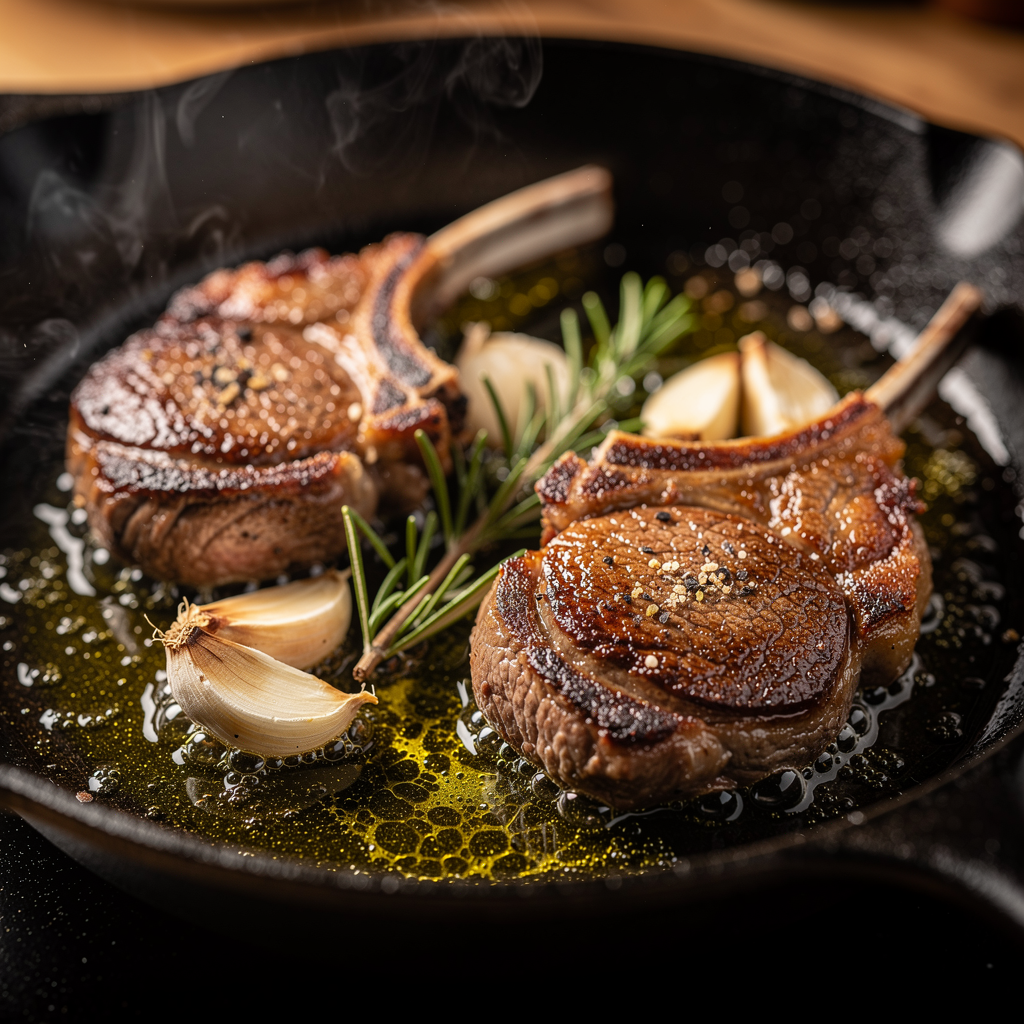 lamb chops searing in a cast-iron skillet with shimmering olive oil, rosemary and garlic visible