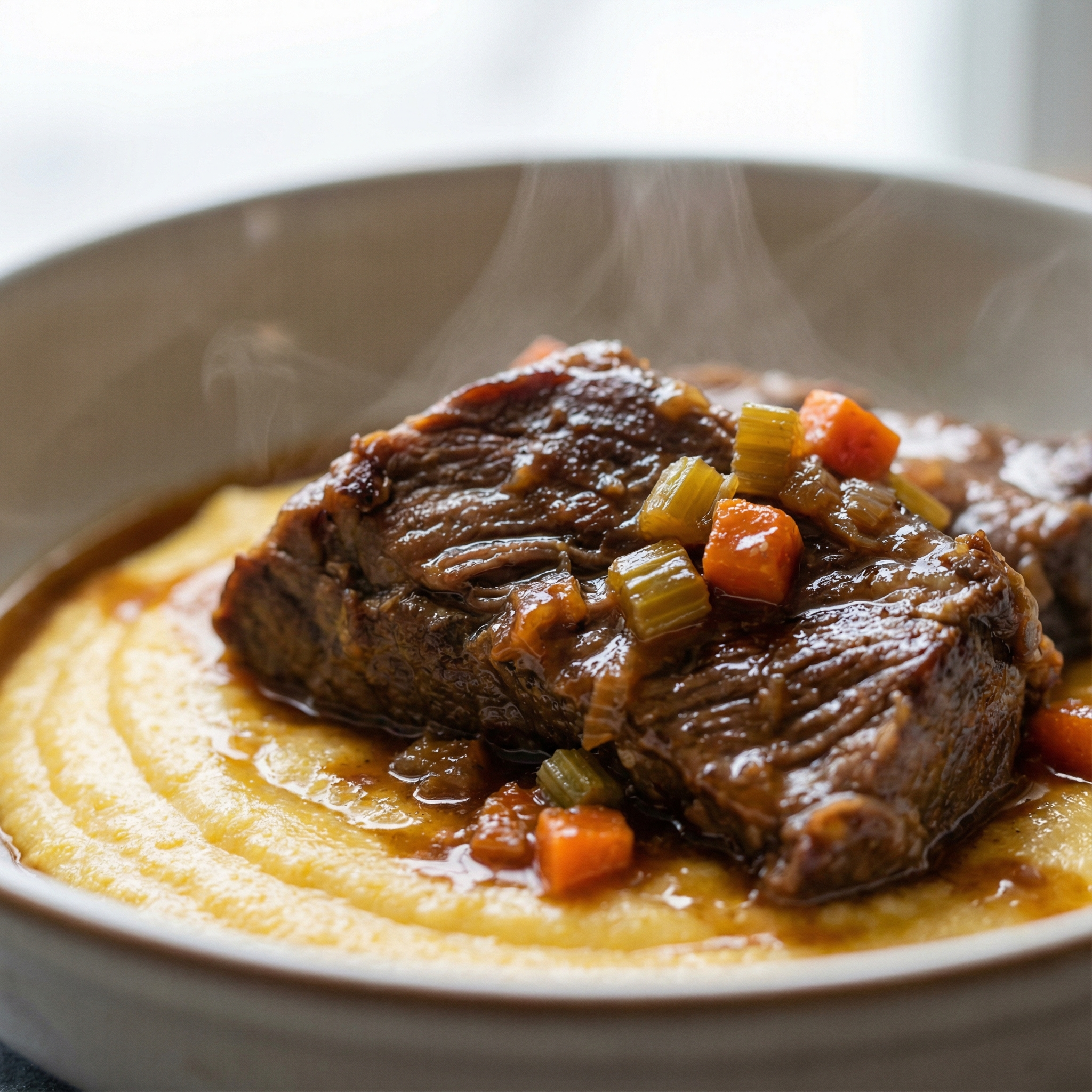 braised chuck beef resting on creamy polenta