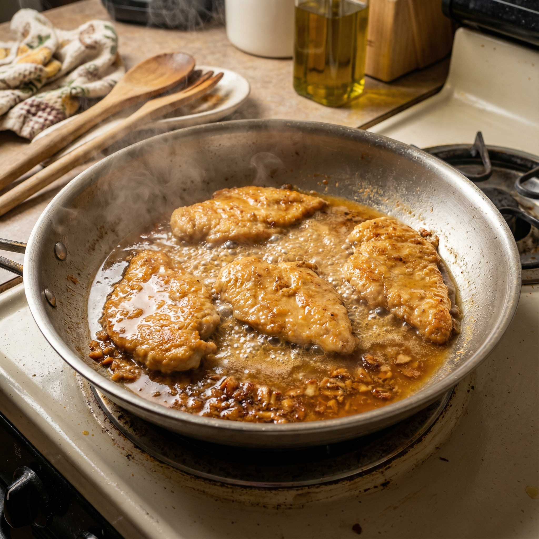 Chicken scallopini cooking in a stainless steel skillet, golden cutlets simmering in a lemon butter wine sauce.