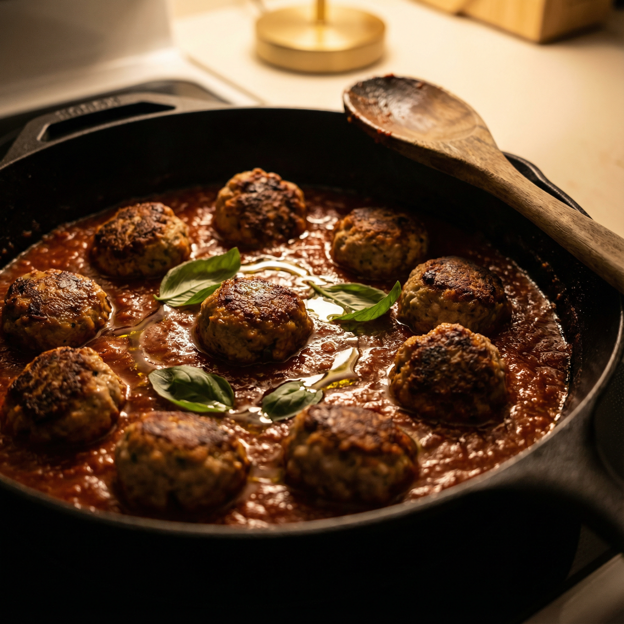 turkey meatballs simmering in marinara sauce inside a black skillet