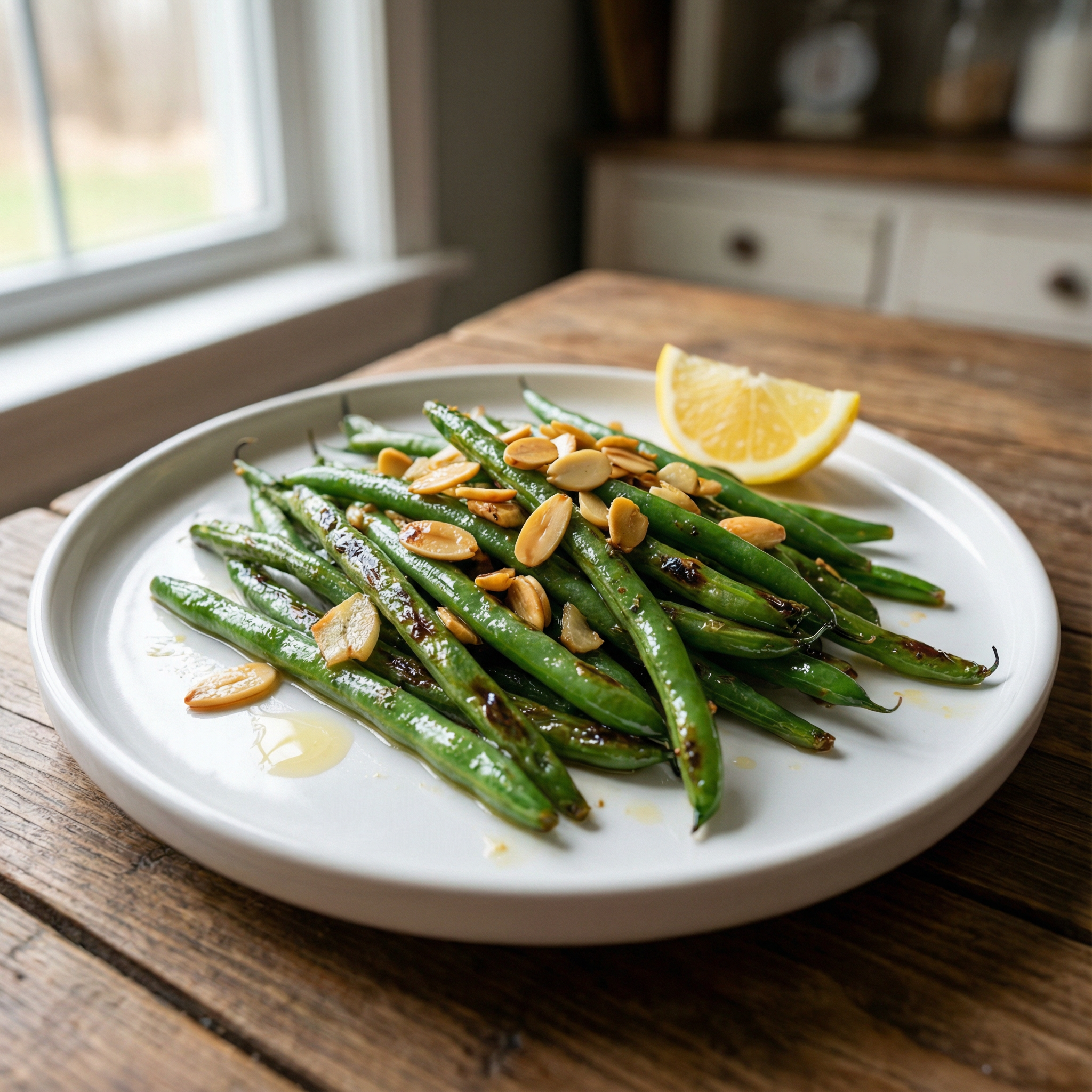 sautéed green beans with garlic and almonds, served on a white plate with a squeeze of lemon on the side.