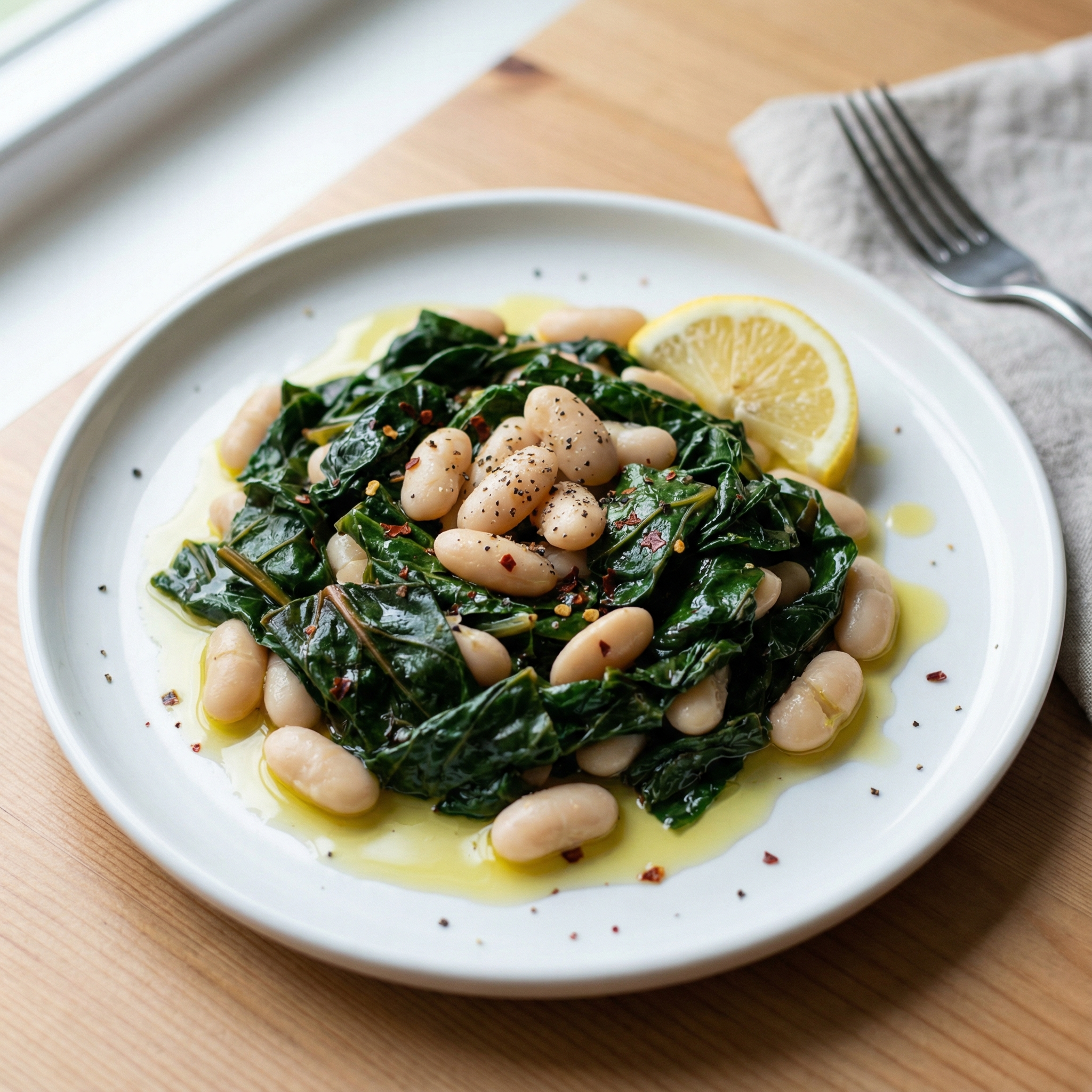 rustic Italian sautéed Swiss chard dish with cannellini beans in a cast-iron skillet