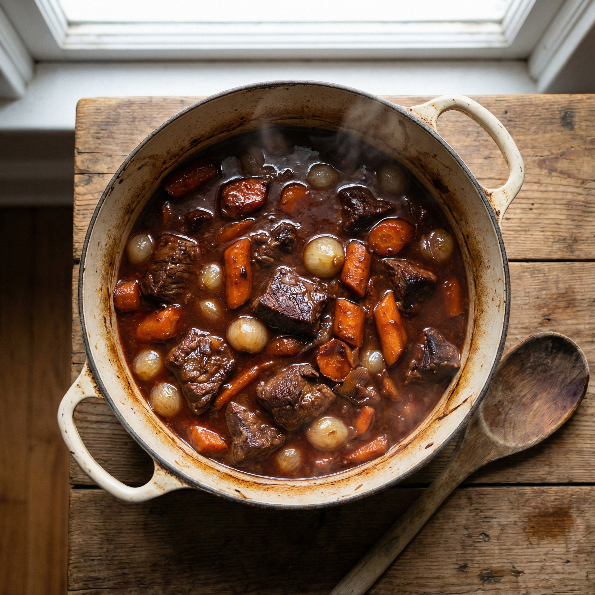 rustic enameled Dutch oven filled with red wine braised beef chuck, carrots and onions visible, glossy dark sauce.