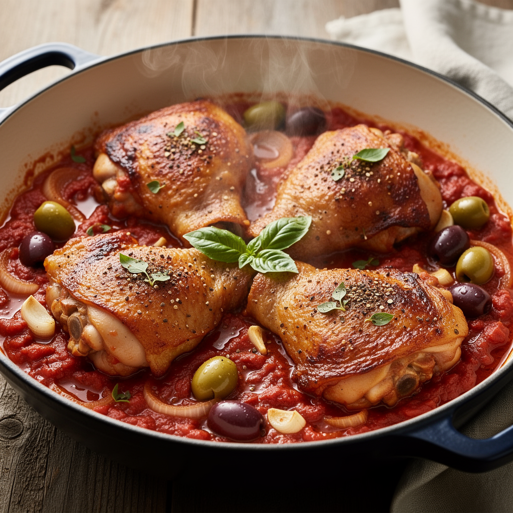 tomato-braised Italian chicken thighs with olives.