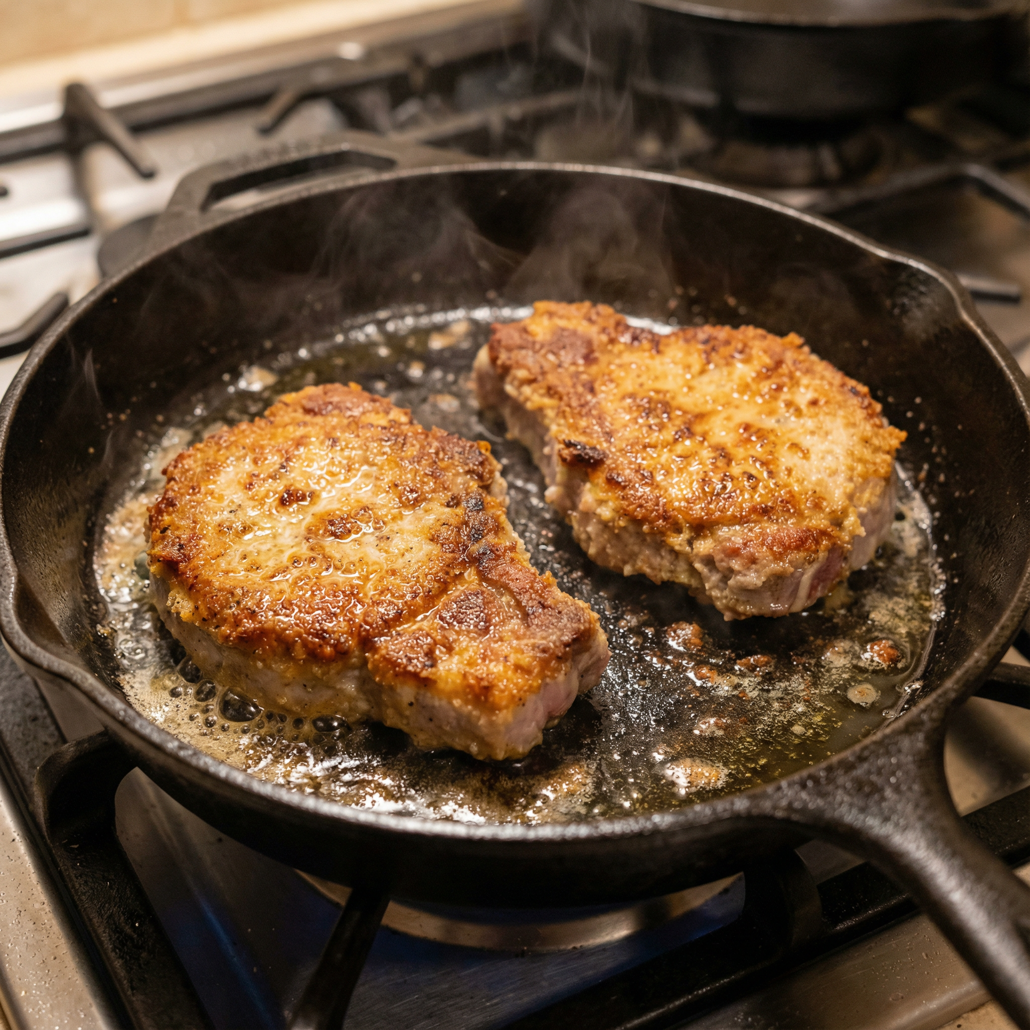 breaded pork chops searing in a cast iron skillet with butter and olive oil, deep golden crust forming