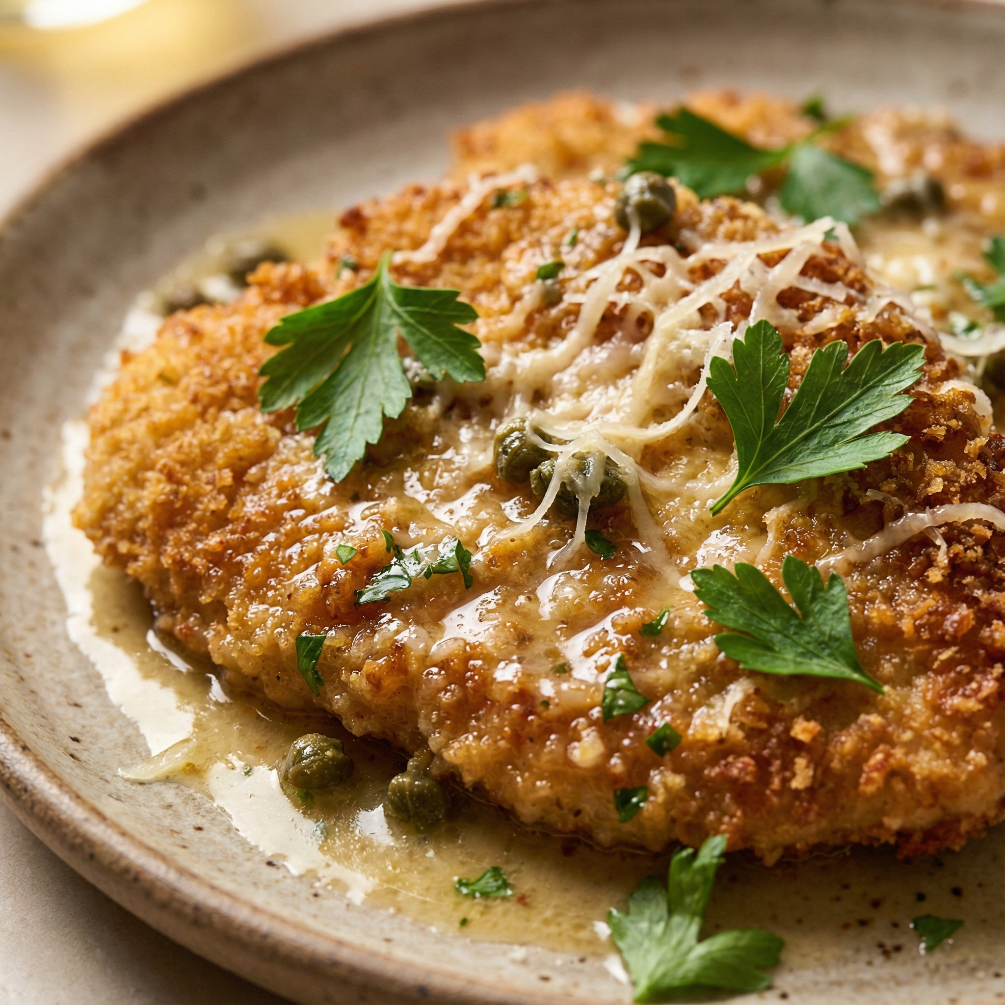 chicken scallopini showing crispy golden crust and silky lemon butter sauce clinging to the meat.