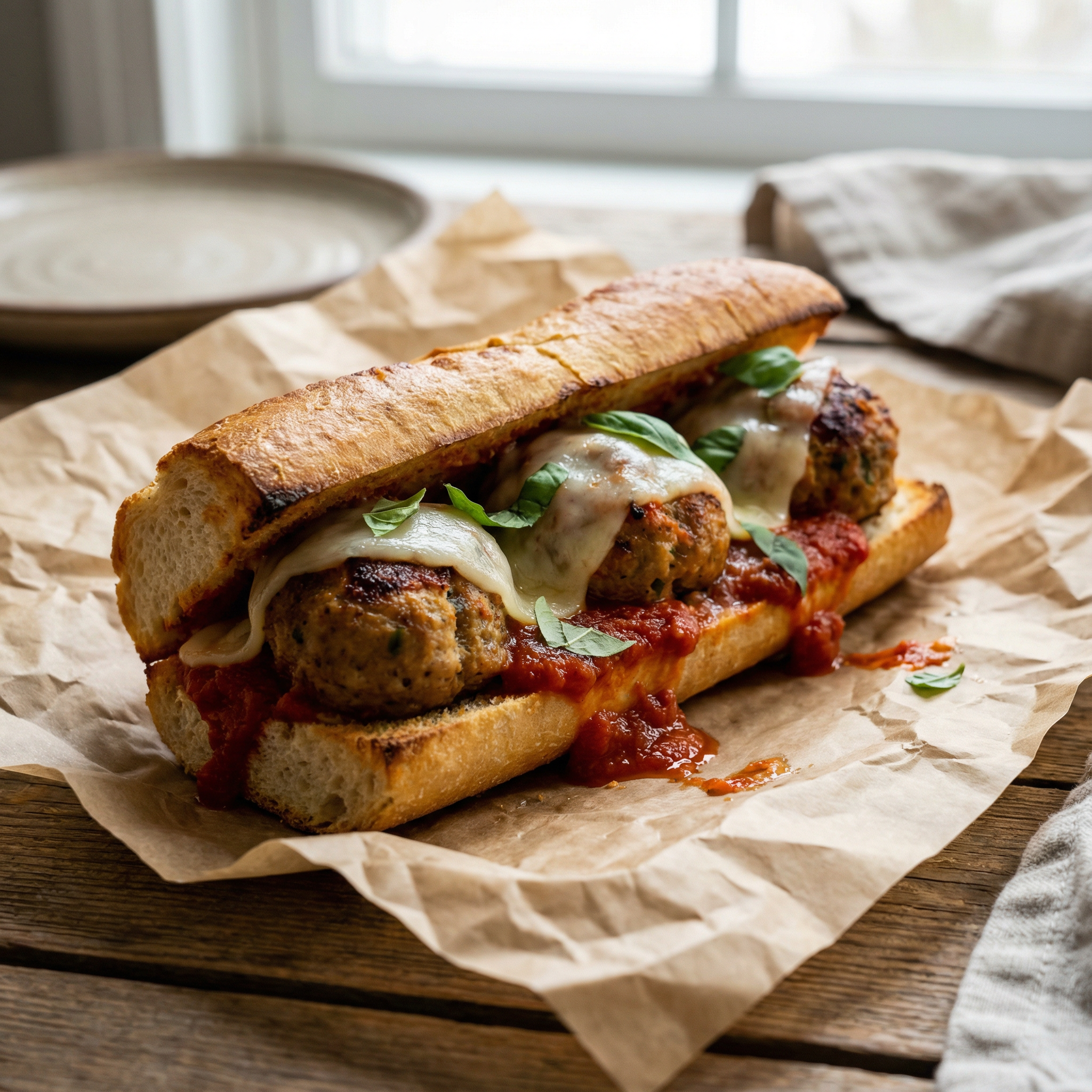 Italian turkey meatball sub on toasted bread with melted provolone cheese