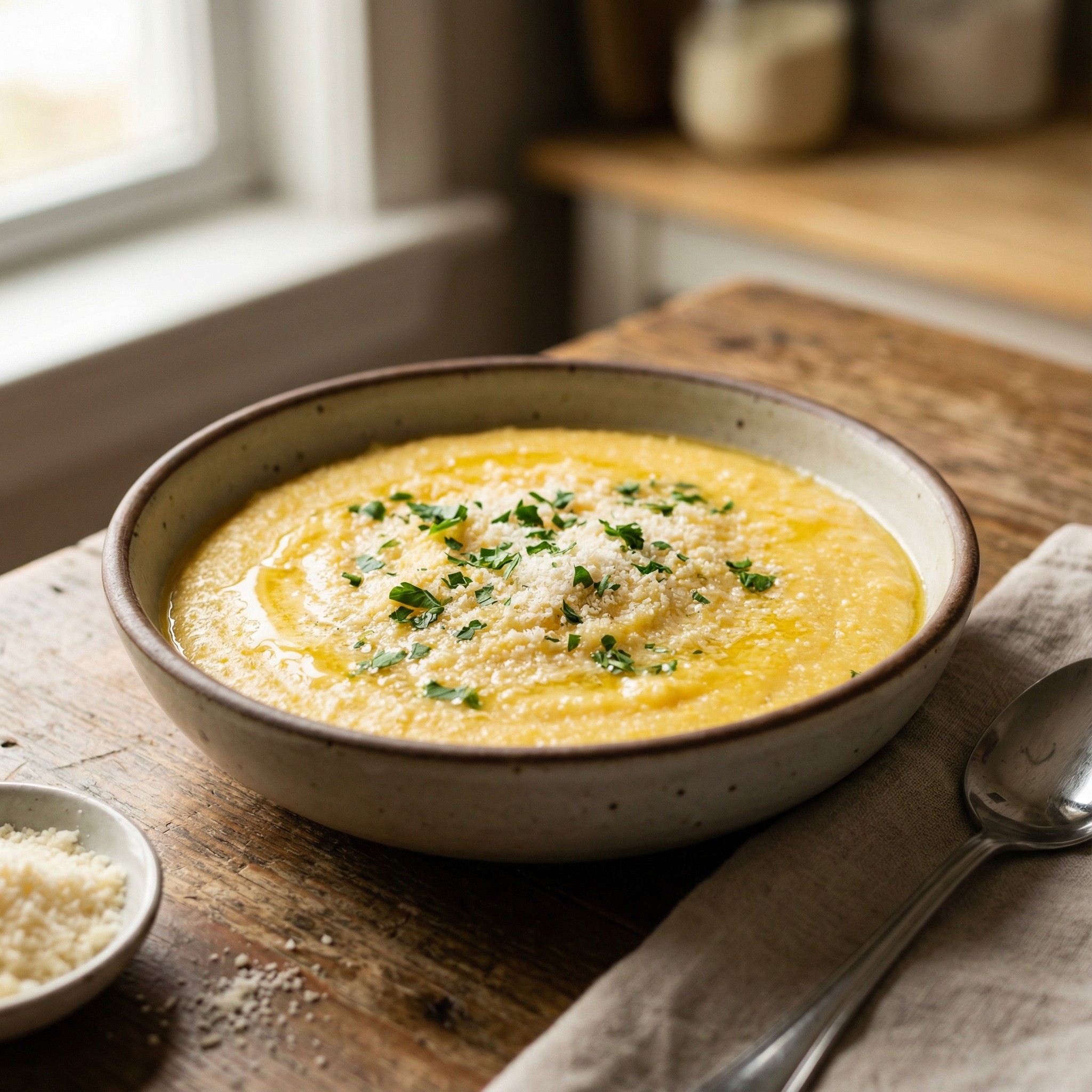 An overhead view of a serving of creamy polenta in a white bowl, garnished with grated Parmigiano and a sprig of rosemary.
