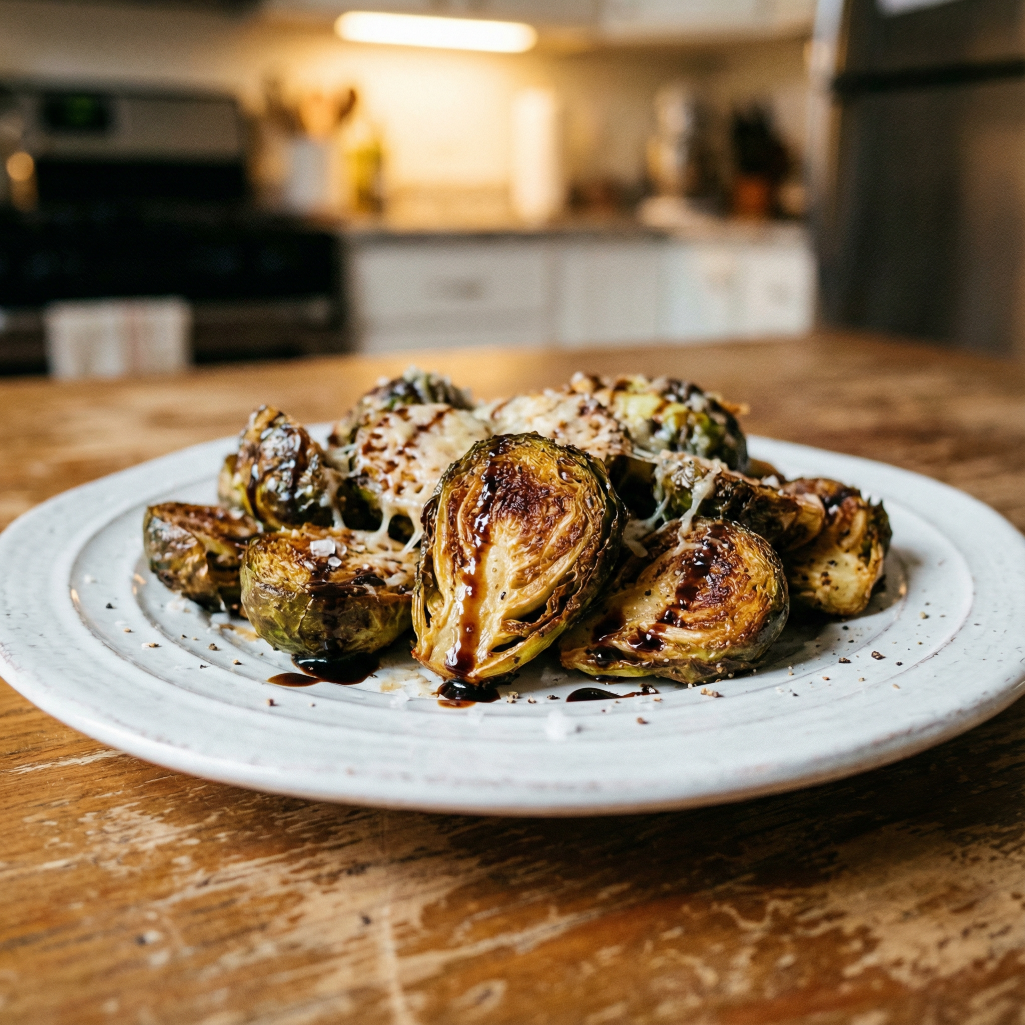 single serving of roasted Brussels sprouts on a white plate.