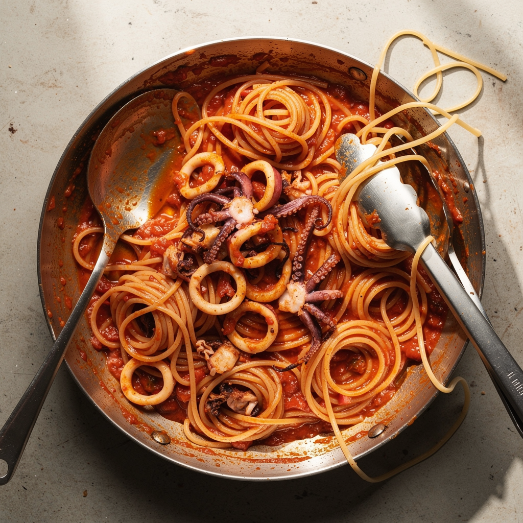 Italian calamari tomato sauce tossed with linguine in the pan