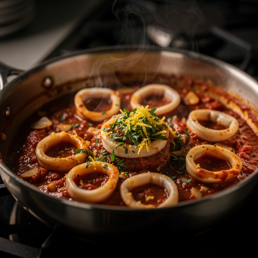 calamari rings simmering in tomato sauce inside a heavy sauté pan, garlic and olive oil sheen visible
