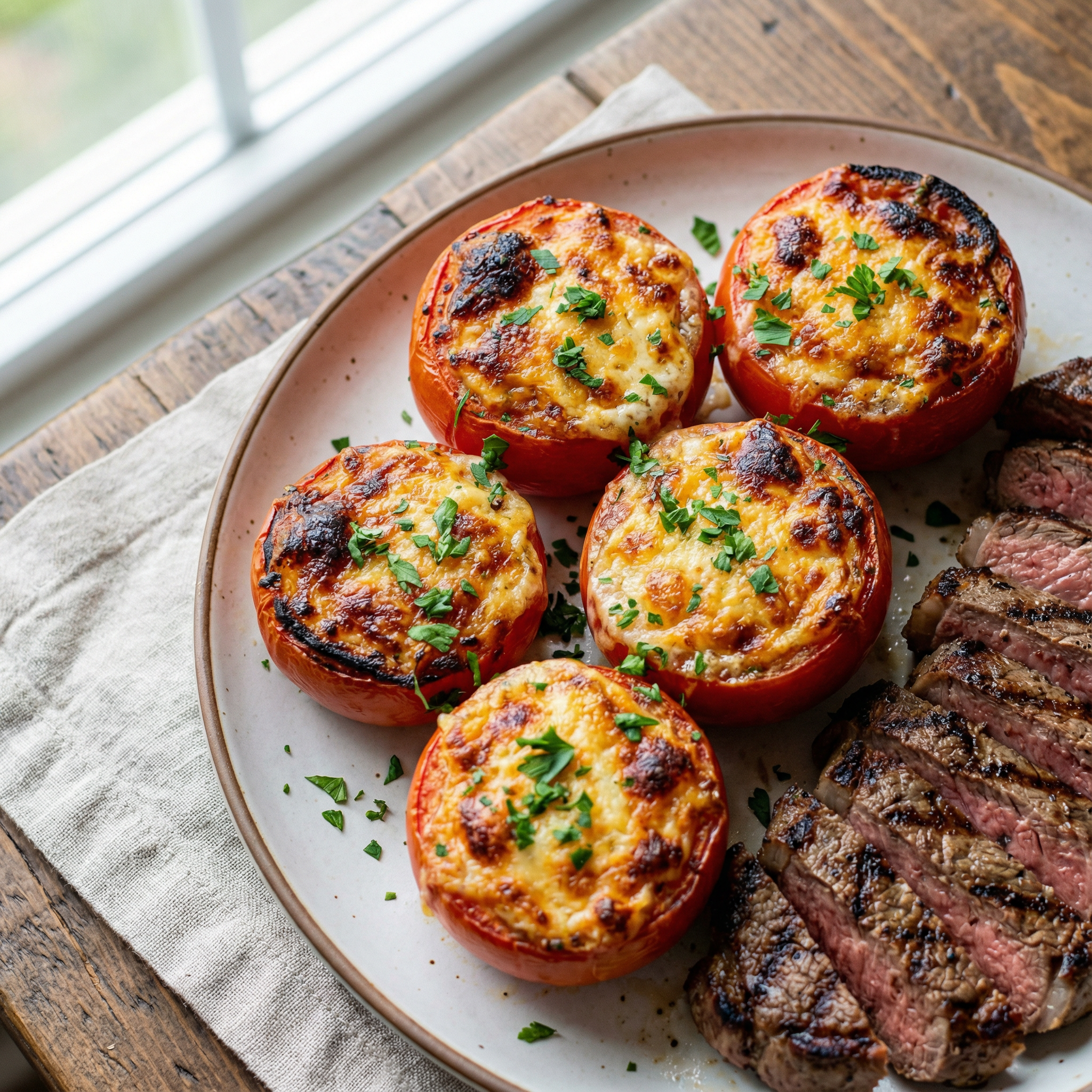 four perfect baked Parmesan tomatoes served on a plate with a simple garnish of parsley.