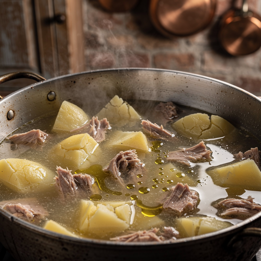 stew inside the pot, cracked potatoes releasing starch into a lightly thick broth