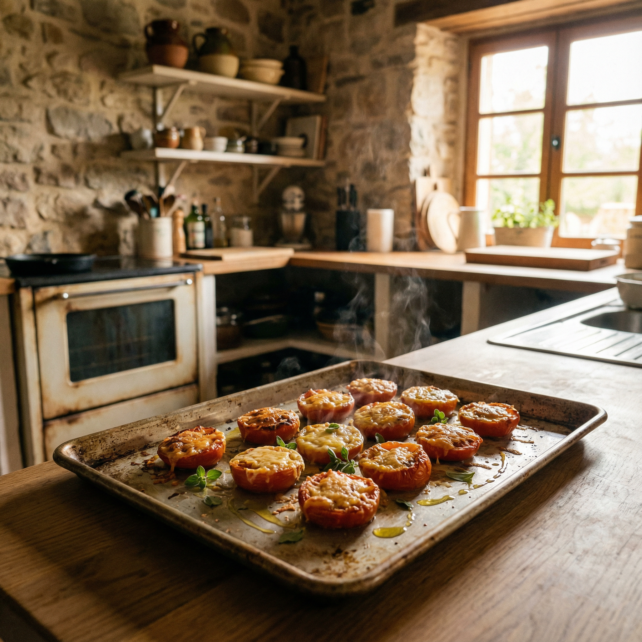 tray of baked Parmesan tomatoes fresh out of the oven