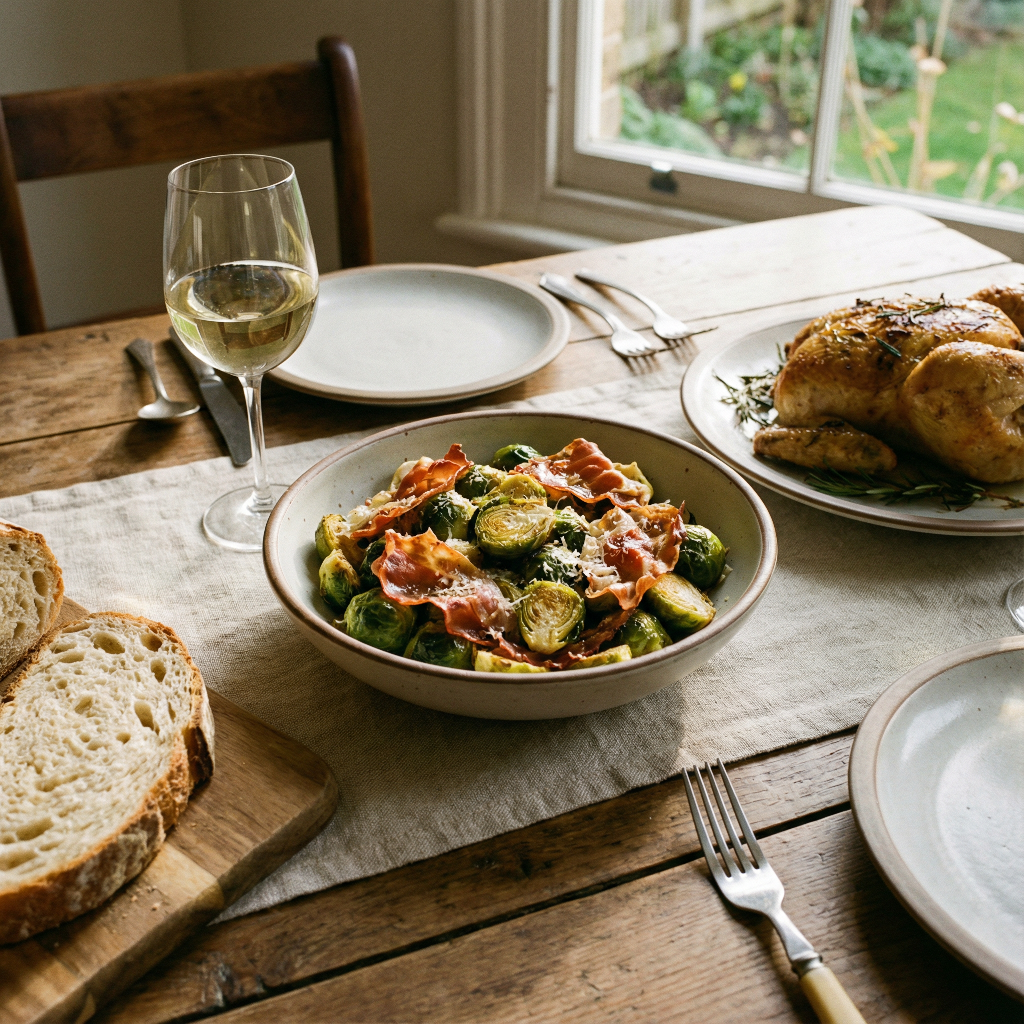 a bowl of roasted Brussels sprouts as the center, surrounded by a glass of white wine