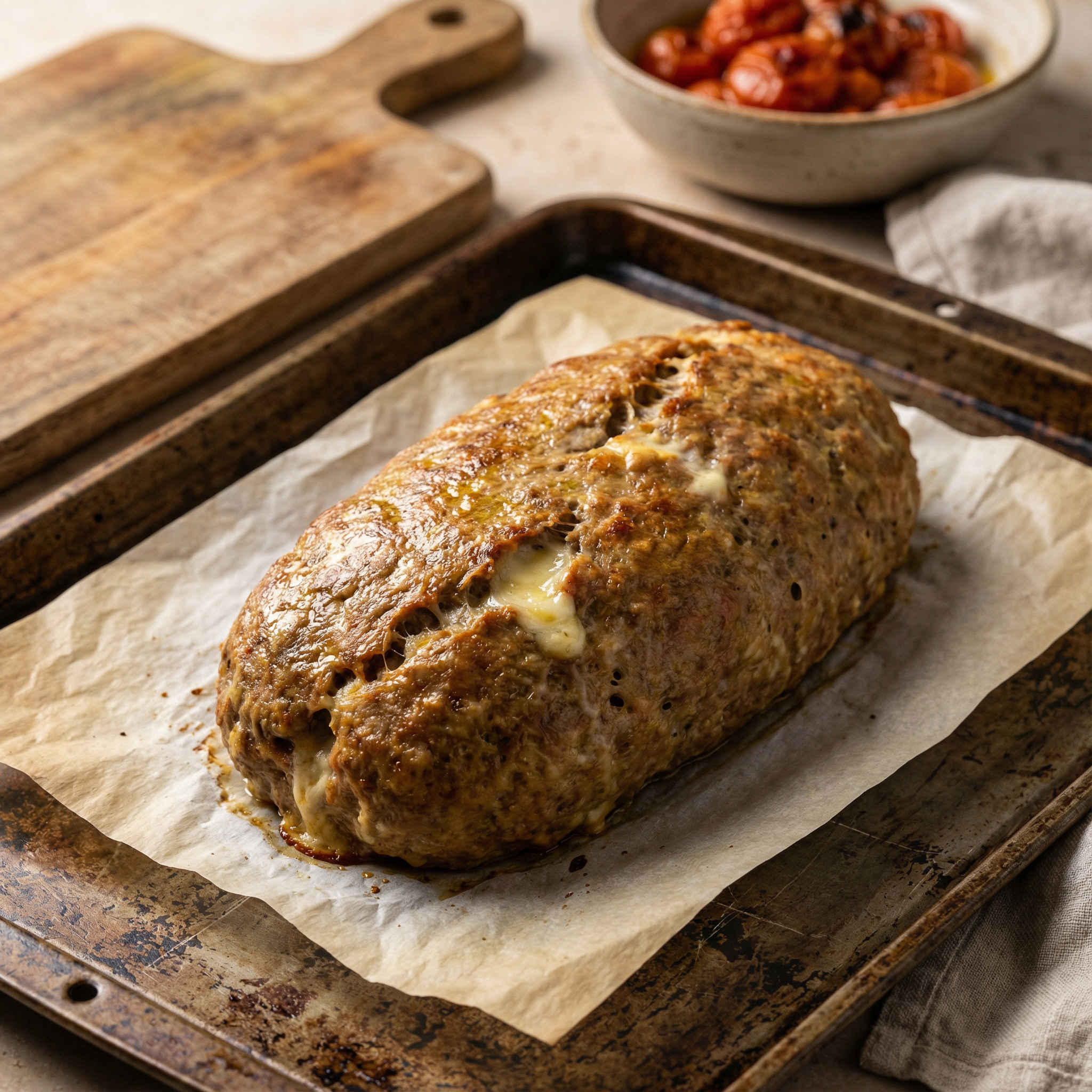 food photo of sliced Italian stuffed meatloaf (polpettone), thick clean slices showing molten provolone cheese center