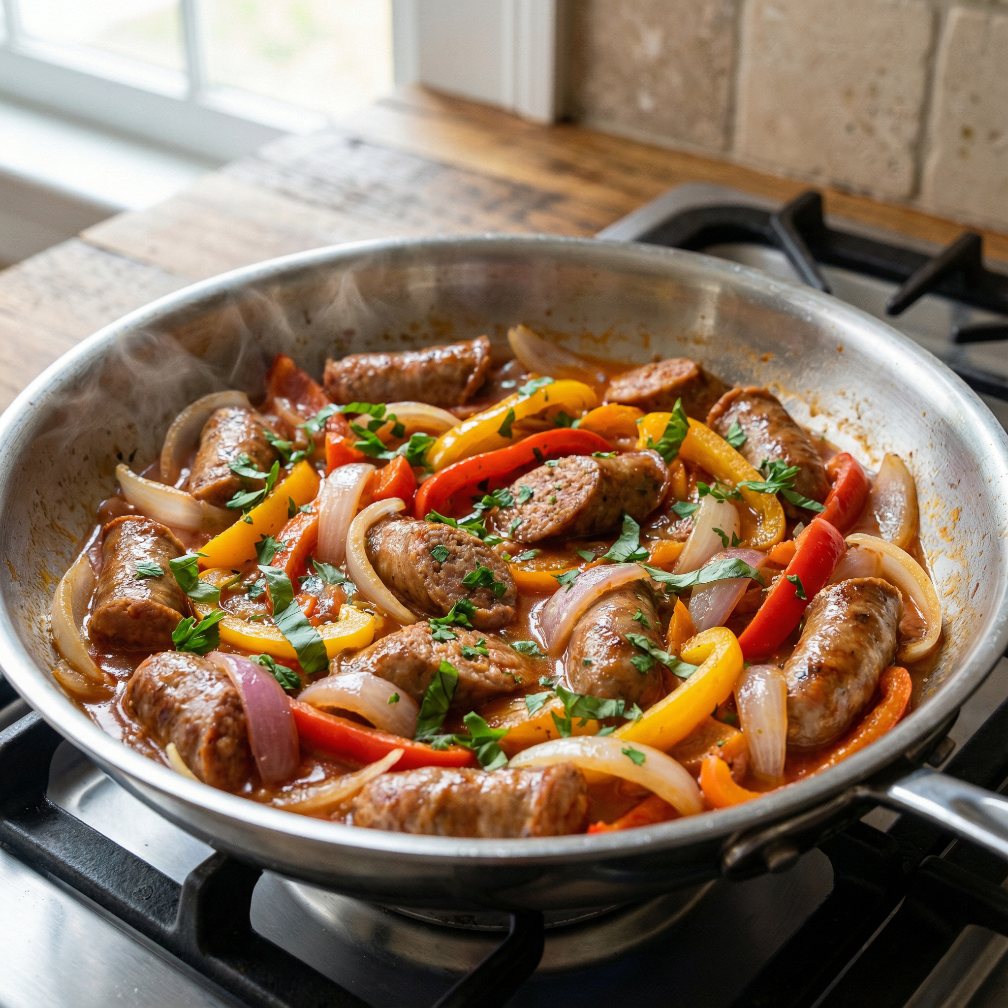 Italian sausage and peppers served straight from the skillet on a rustic wooden table.