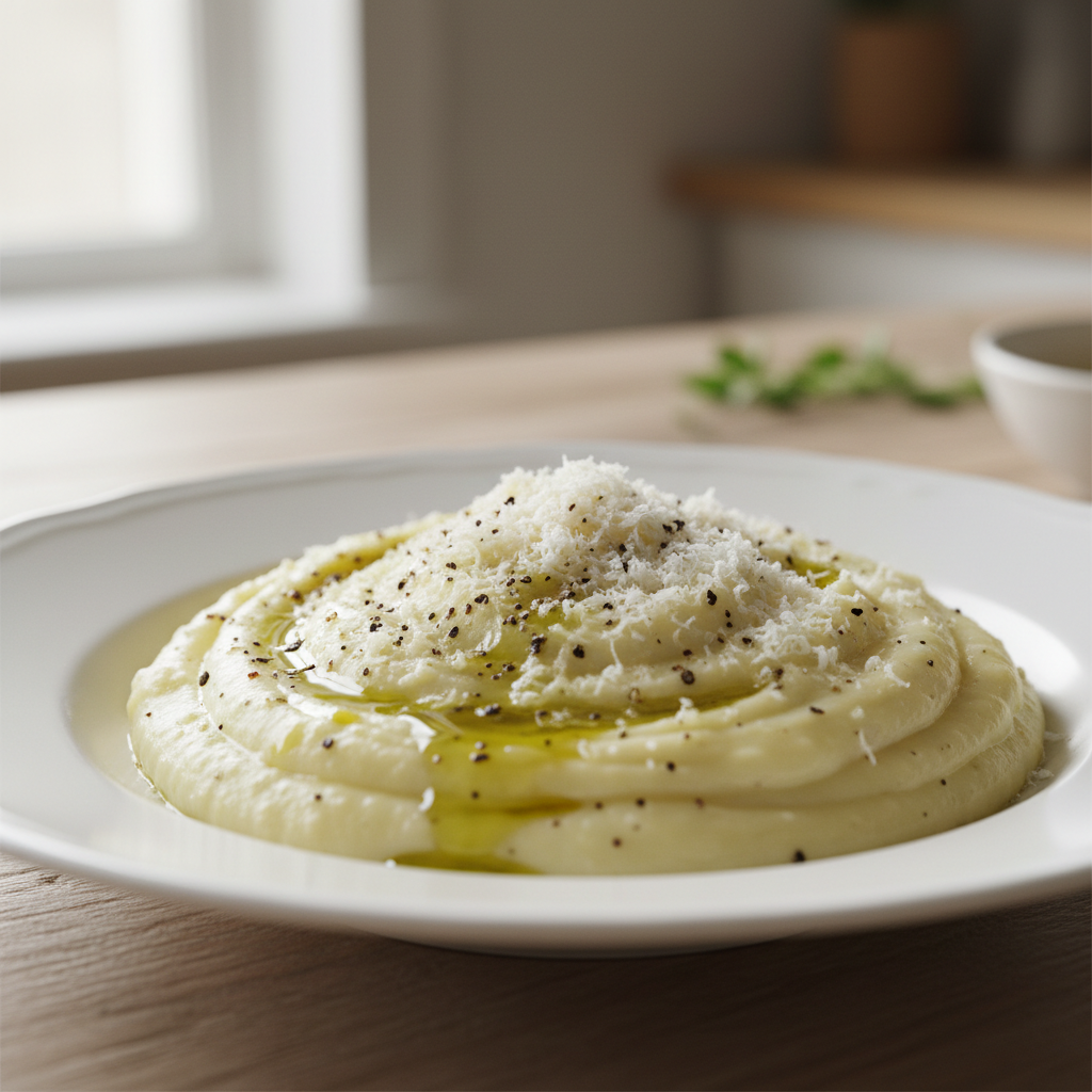 creamy Italian olive oil mashed potatoes on a white porcelain plate, garnished with freshly cracked black pepper