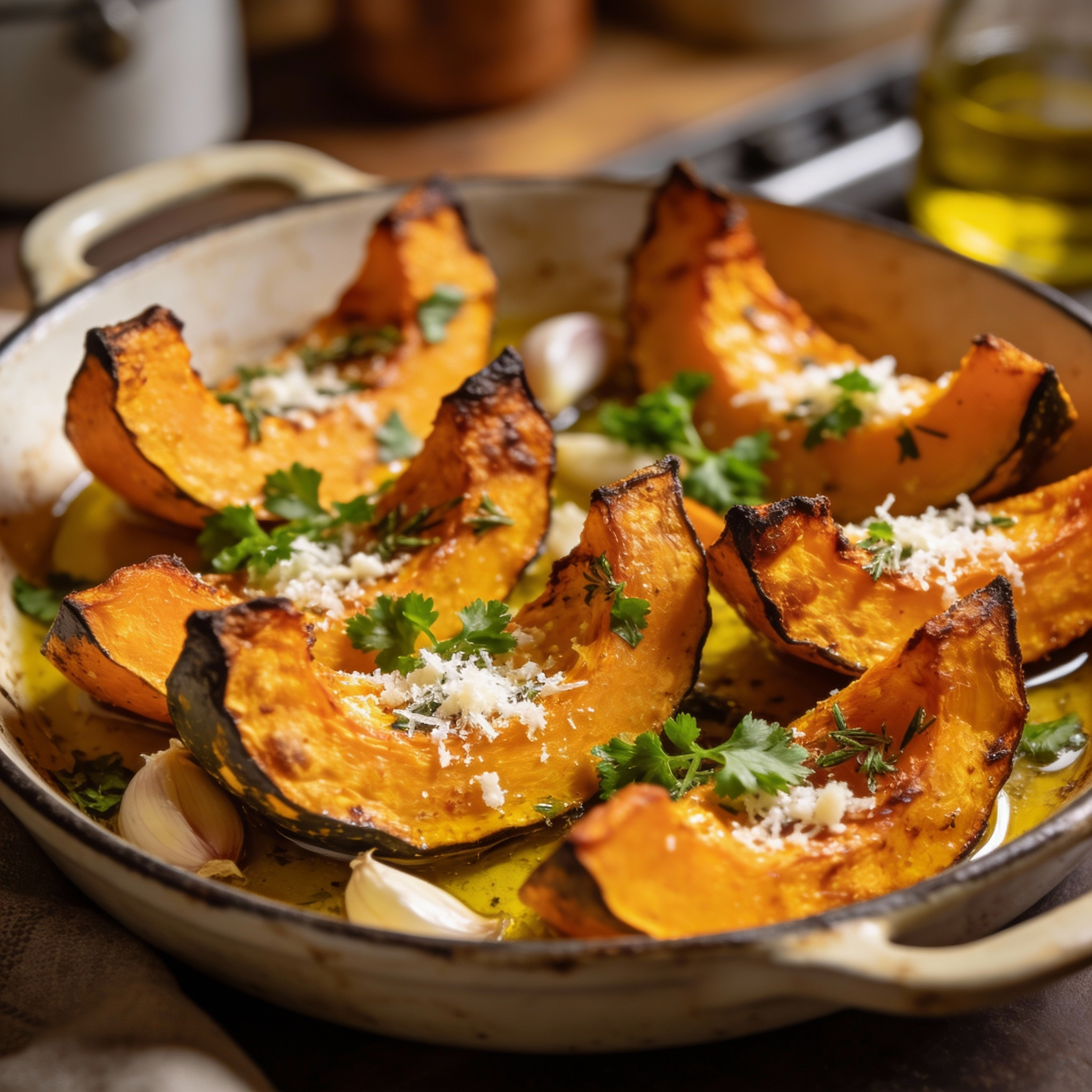 roasted pumpkin wedges arranged on a parchment-lined baking sheet, with golden, crispy edges and a lightly caramelized surface.