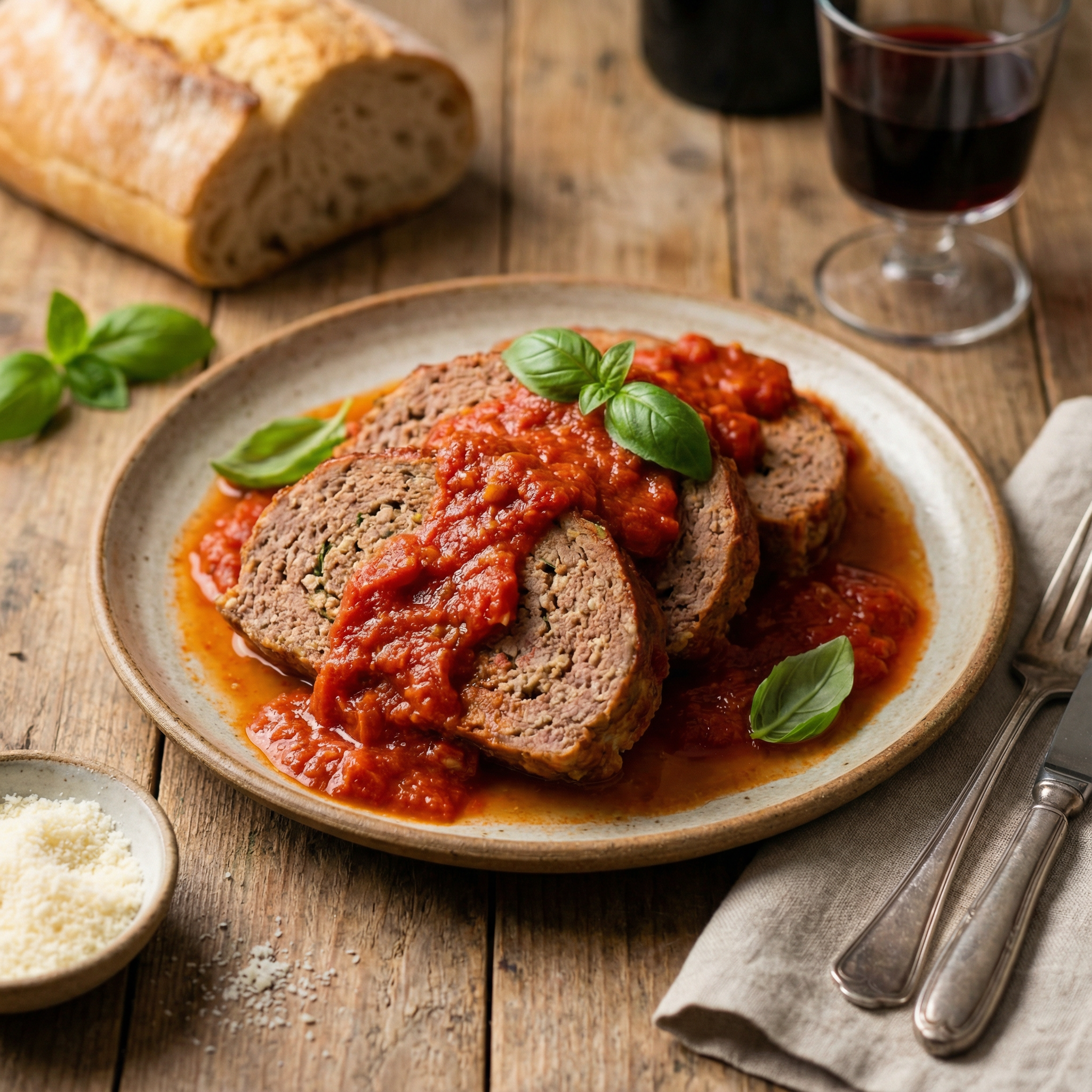Italian polpettone slices served with bright San Marzano tomato sauce, basil leaves, rustic table setting
