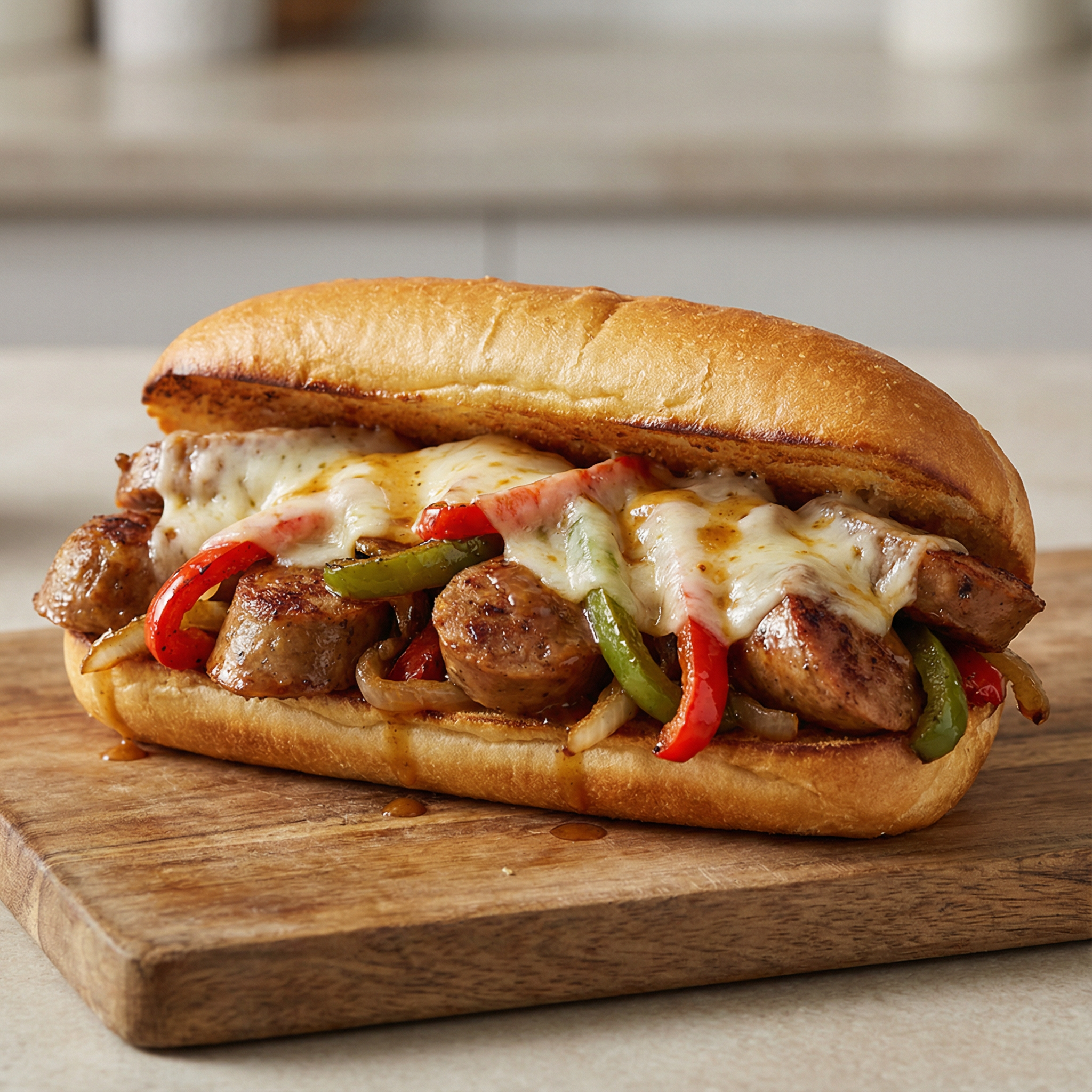 Italian sausage and peppers hoagie sandwich.