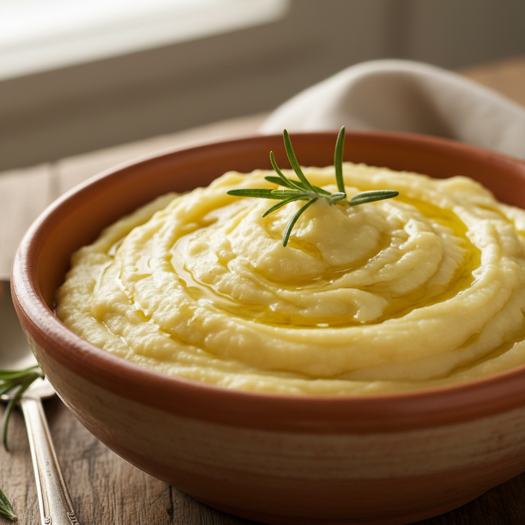 Italian mashed potatoes with skins on, placed in a family-style dish