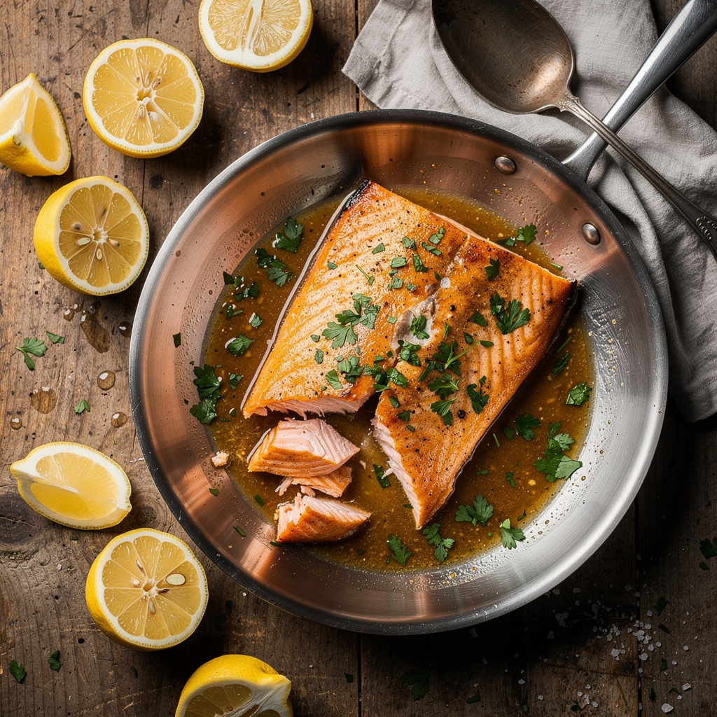 Overhead flat lay of the finished salmon dish in a stainless steel pan, sauce reduced and shiny,