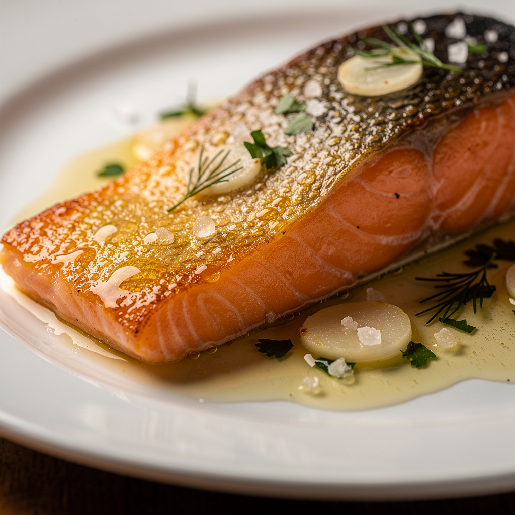 salmon fillet skin side up, golden and crisp, sauce lightly pooling around the fish, visible garlic and herbs