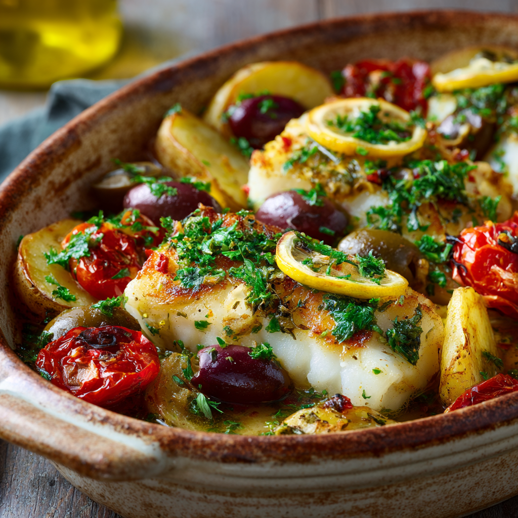 baked cod with olives and potatoes recipe