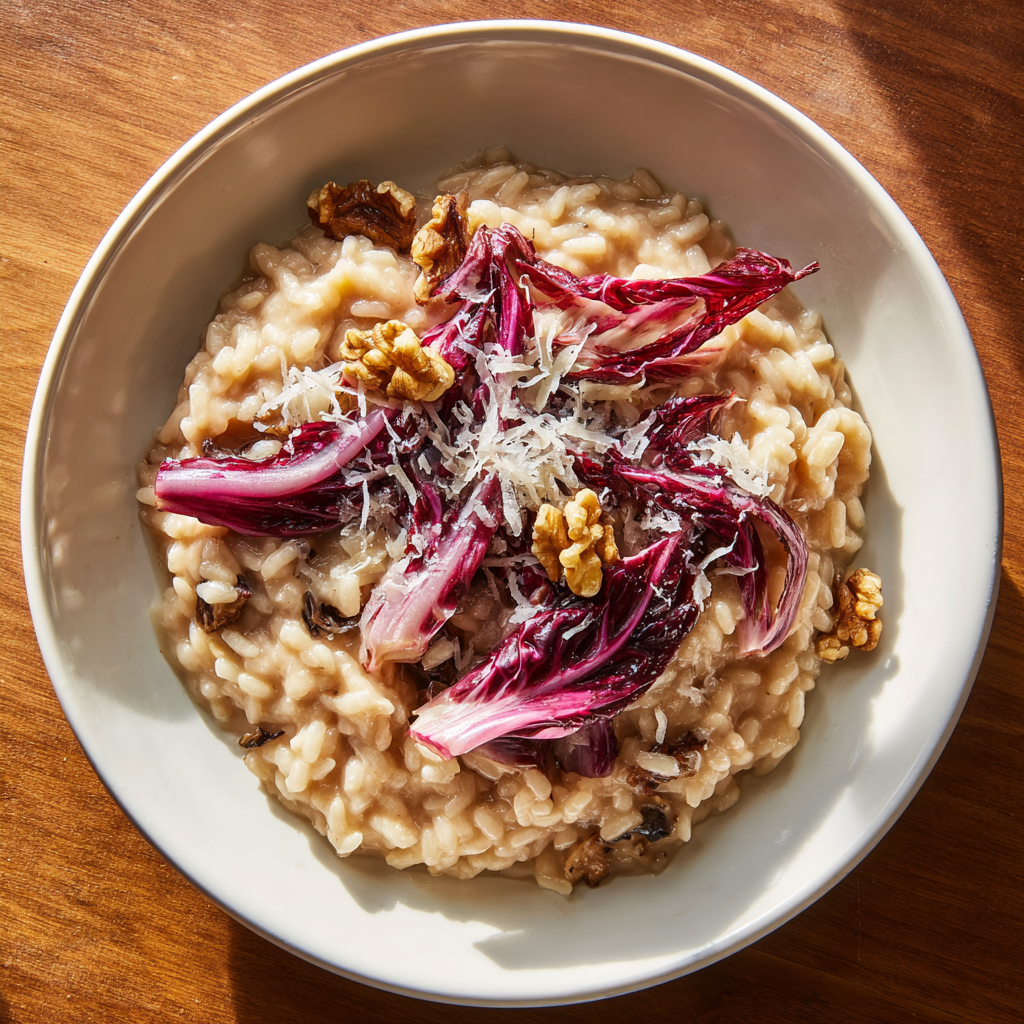 risotto mid-cook in a wide stainless-steel pan. A wooden spoon stirring rice with wilted radicchio while hot broth is being absorbed.
