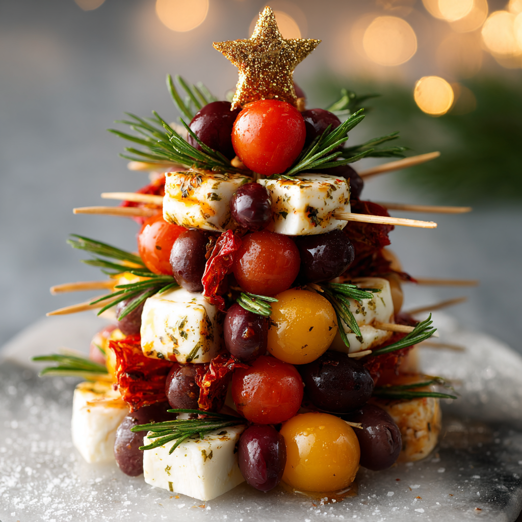 antipasto wreath made by arranging bamboo skewers with olive, cheese cubes, mini bell peppers, and prosciutto slices.