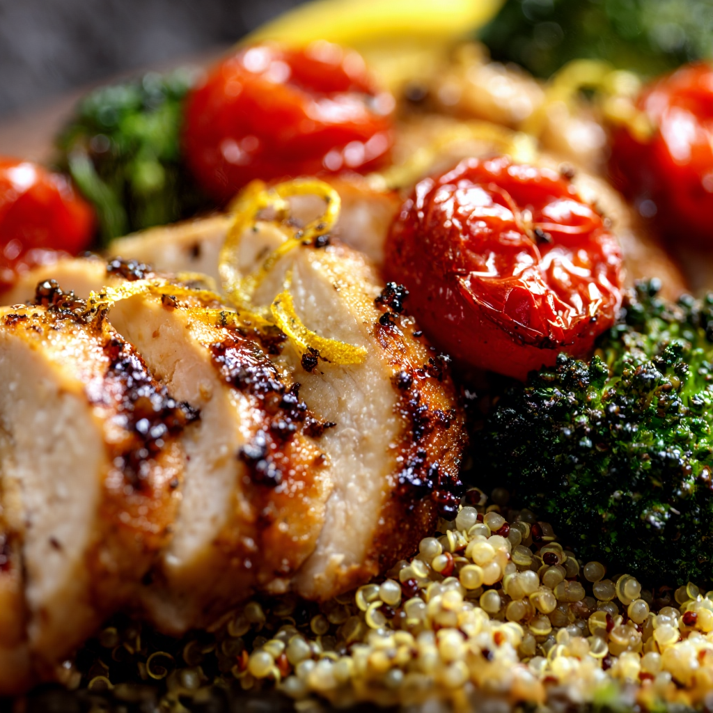 juicy lemon-garlic chicken sliced and arranged over quinoa with roasted broccoli and jammy roasted tomatoes.