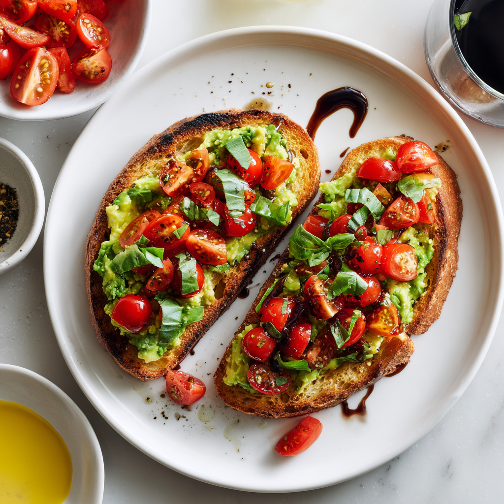 Overhead shot of two slices of Italian bruschetta avocado toast on a white plate