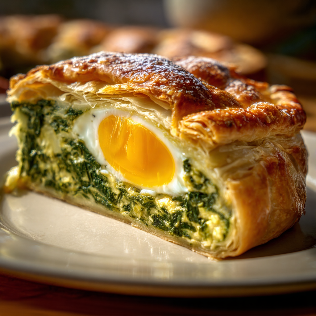 A slice of Torta Pasqualina on a plate, showing the bright yellow whole egg baked inside the spinach-ricotta filling.