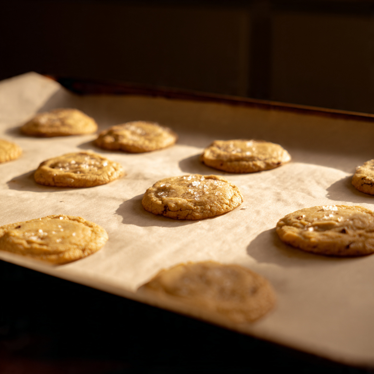 A parchment-lined baking sheet with evenly spaced Nutella-stuffed cookies