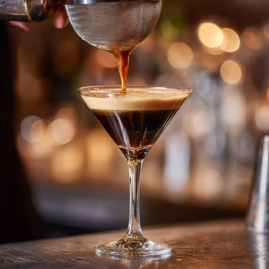 A bartender double-straining an espresso martini into a chilled martini glass. Visible micro-foam forming at the top.