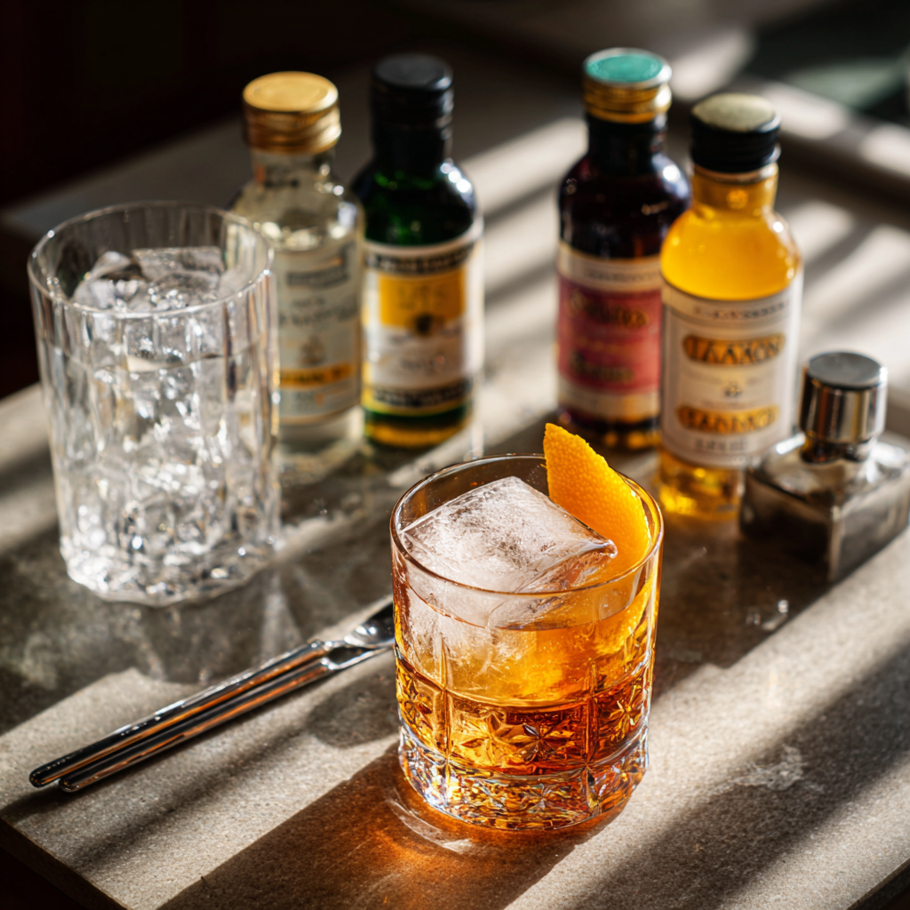Negroni Bianco setup: mixing glass with ice, bar spoon, bottles of gin, Luxardo Bitter Bianco, and Carpano Bianco.