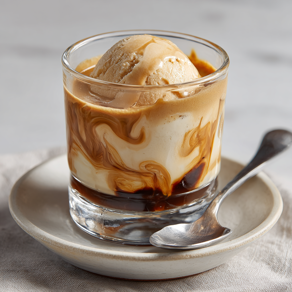 inished affogato: espresso pooling around half-melted vanilla gelato, with silky brown-and-cream swirls.