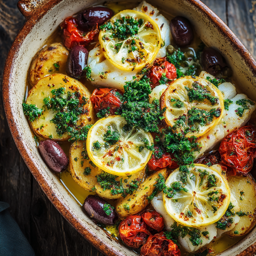 Baked Cod with Olives and Potatoes Recipe