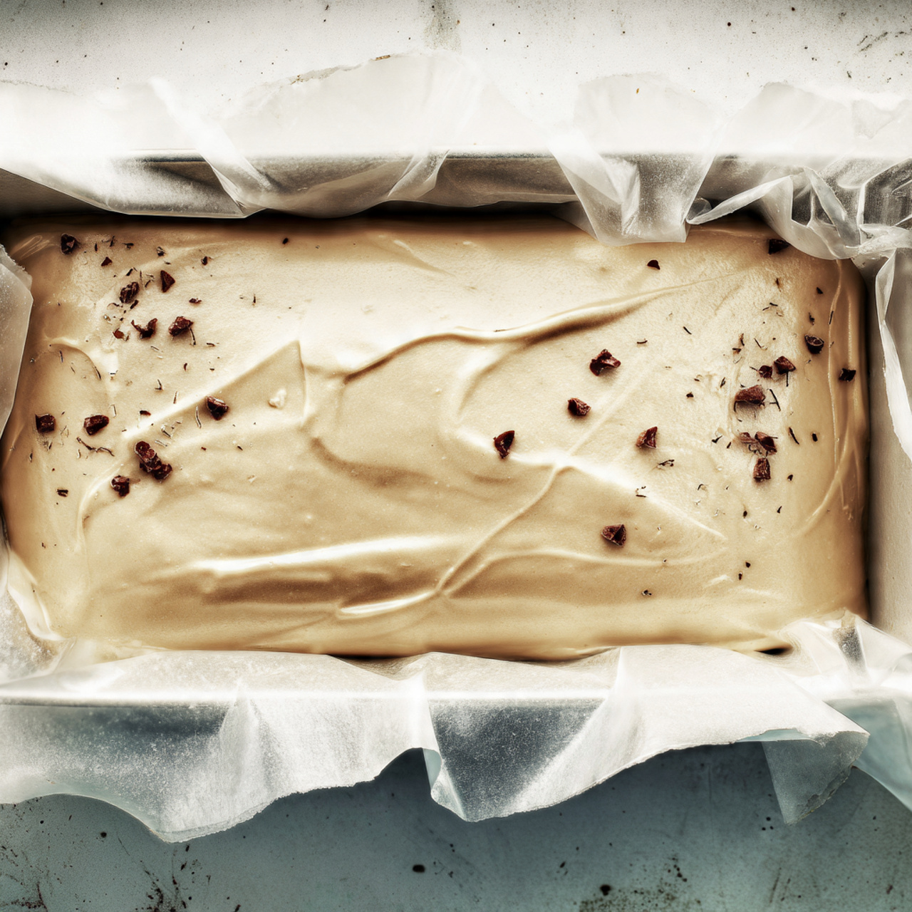 Coffee semifreddo in a lined loaf pan with plastic wrap pulled back, glossy smooth surface