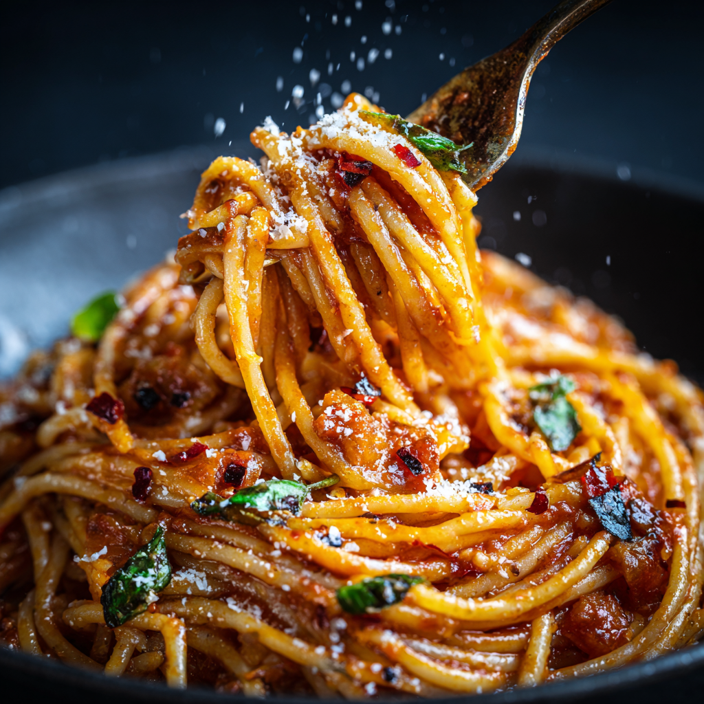 spaghetti coated in a silky, glossy Calabrian-style tomato sauce with fried eggplant cubes, visible red pepper flakes, strands of basil, and a sprinkle of parmesan