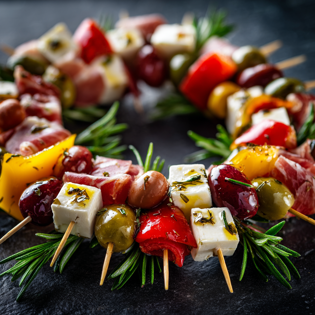 antipasto platter with sections for prosciutto, bocconcini mozzarella, Kalamata olives, marinated artichokes, roasted peppers, and semi-dried tomatoes.