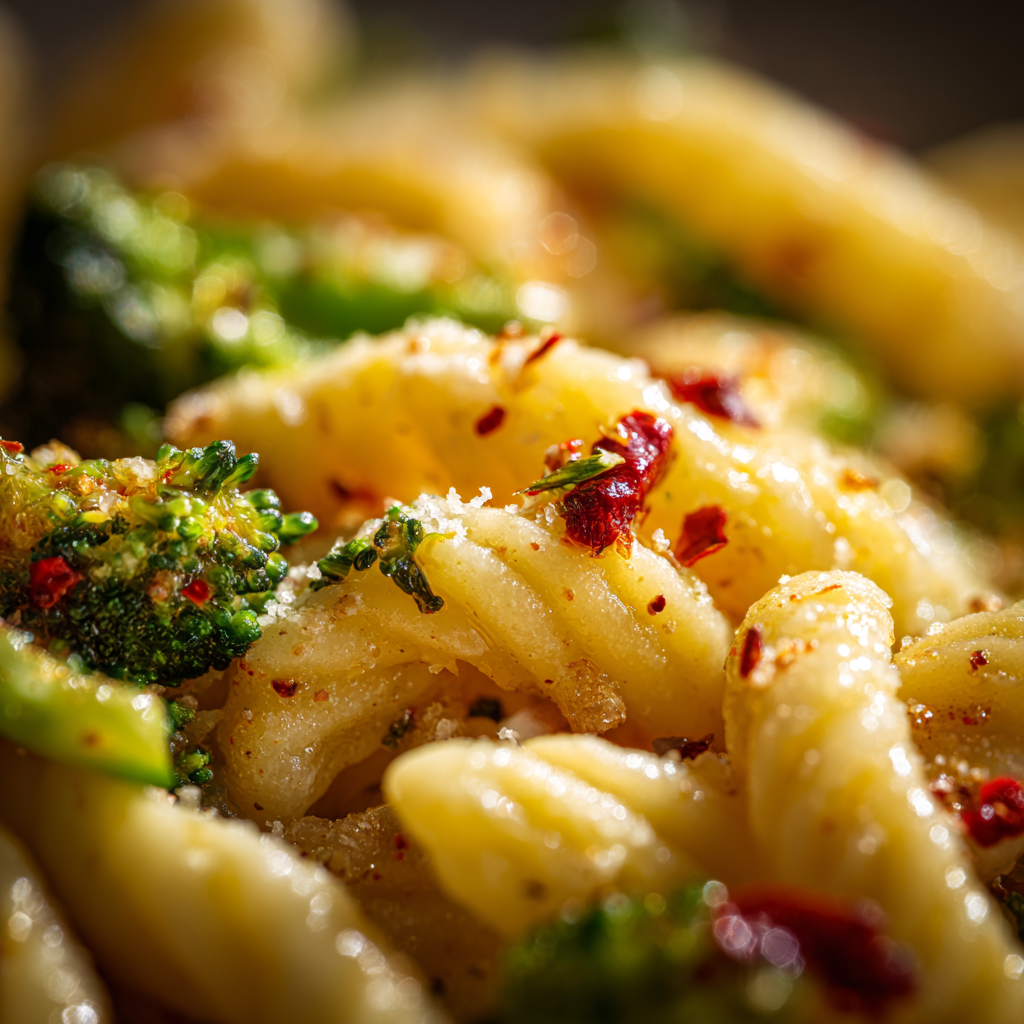 cavatelli pasta with a silky emulsified olive-oil sauce clinging to the grooves, broccoli pieces nestled between the pasta,