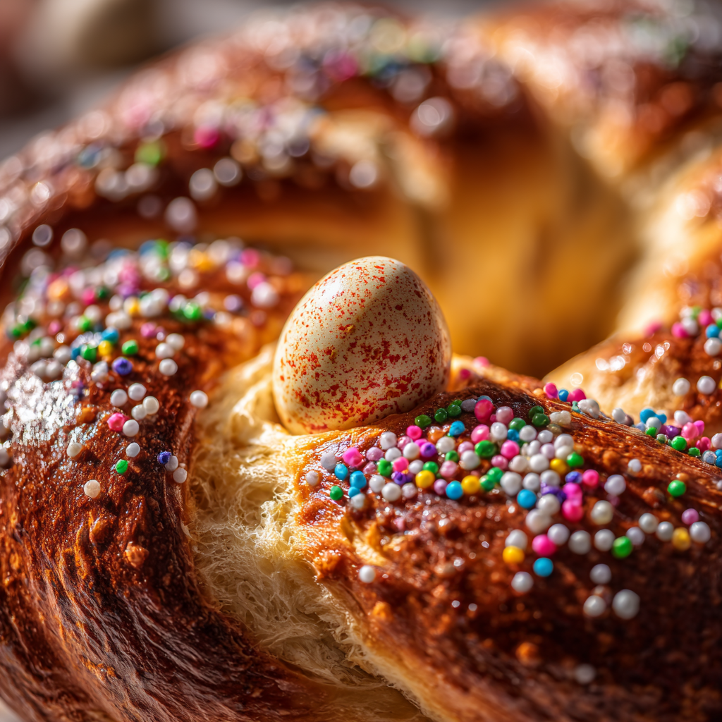 single Italian Easter bread wreath, showing the shiny crust, colorful sprinkles, and the tender, airy crumb