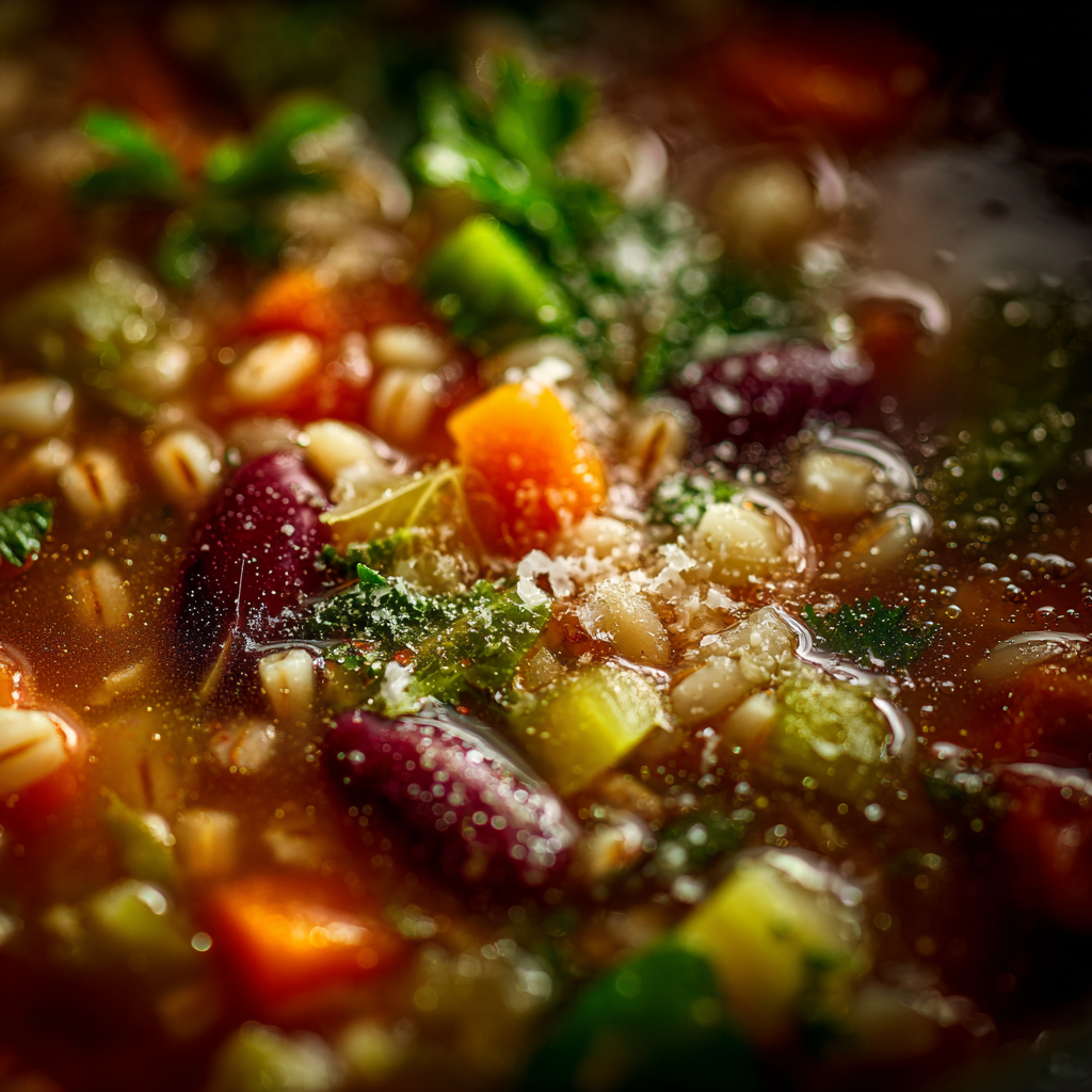 barley, diced vegetables, beans, and greens floating in a tomato-based broth.